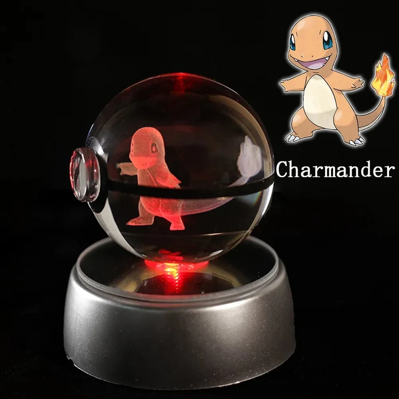 Pokemon 3D Kristallkugel Figur Gravur Pikachu Charizard Gengar mit LED-Licht Basis Anime Glaskugel Kind Geschenk Spielzeug