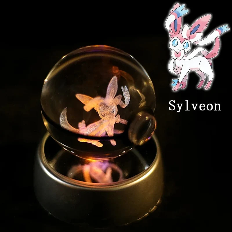Pokemon 3D Kristallkugel Figur Gravur Pikachu Charizard Gengar mit LED-Licht Basis Anime Glaskugel Kind Geschenk Spielzeug