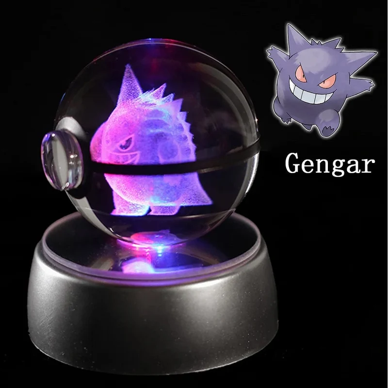 Pokemon 3D Kristallkugel Figur Gravur Pikachu Charizard Gengar mit LED-Licht Basis Anime Glaskugel Kind Geschenk Spielzeug