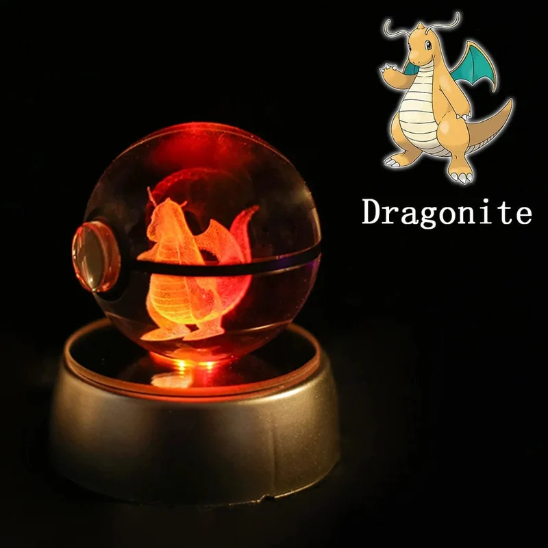 Pokemon 3D Kristallkugel Figur Gravur Pikachu Charizard Gengar mit LED-Licht Basis Anime Glaskugel Kind Geschenk Spielzeug