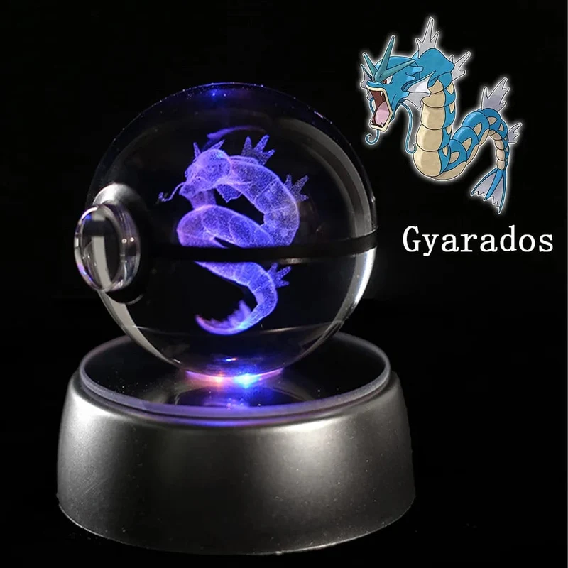Pokemon 3D Kristallkugel Figur Gravur Pikachu Charizard Gengar mit LED-Licht Basis Anime Glaskugel Kind Geschenk Spielzeug