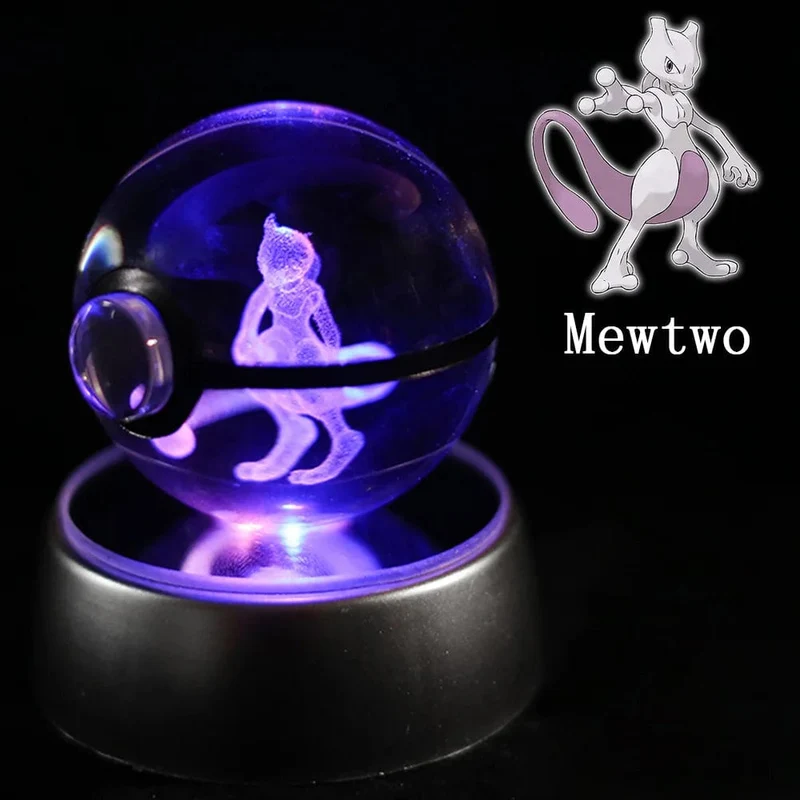 Pokemon 3D Kristallkugel Figur Gravur Pikachu Charizard Gengar mit LED-Licht Basis Anime Glaskugel Kind Geschenk Spielzeug