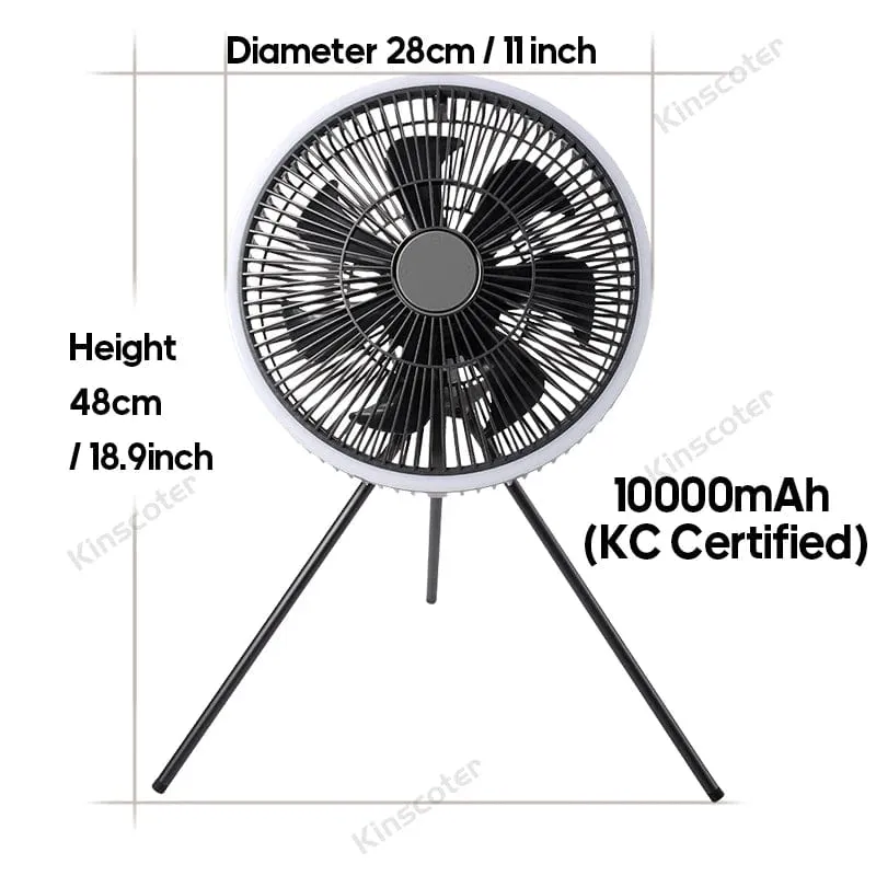 KINSCOTER 10000 mAh Camping-Ventilator für den Außenbereich, großer 11-Zoll-Deckenventilator mit LED-Beleuchtung, multifunktionaler Luftzirkulator-Kühlventilator