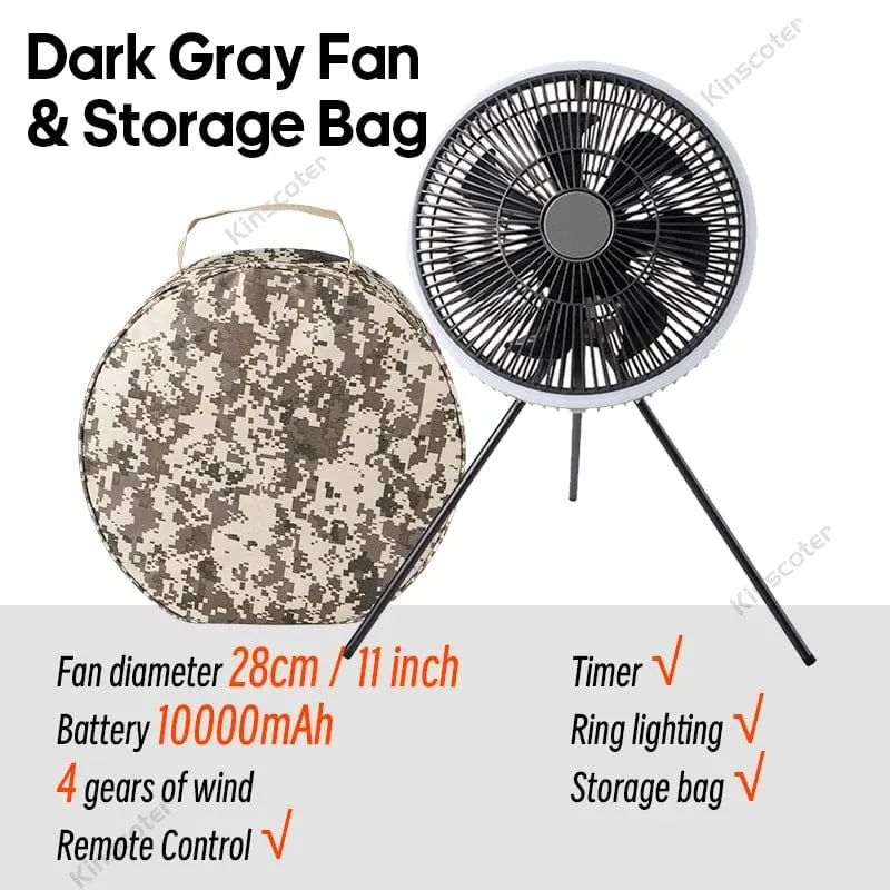 KINSCOTER 10000 mAh Camping-Ventilator für den Außenbereich, großer 11-Zoll-Deckenventilator mit LED-Beleuchtung, multifunktionaler Luftzirkulator-Kühlventilator