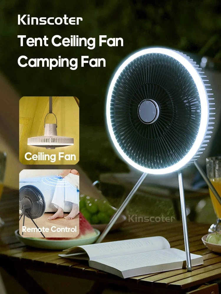 KINSCOTER 10000 mAh Camping-Ventilator für den Außenbereich, großer 11-Zoll-Deckenventilator mit LED-Beleuchtung, multifunktionaler Luftzirkulator-Kühlventilator
