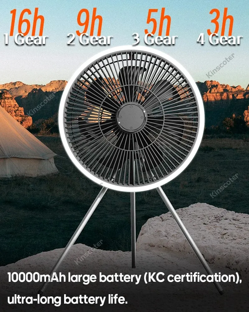 KINSCOTER 10000 mAh Camping-Ventilator für den Außenbereich, großer 11-Zoll-Deckenventilator mit LED-Beleuchtung, multifunktionaler Luftzirkulator-Kühlventilator