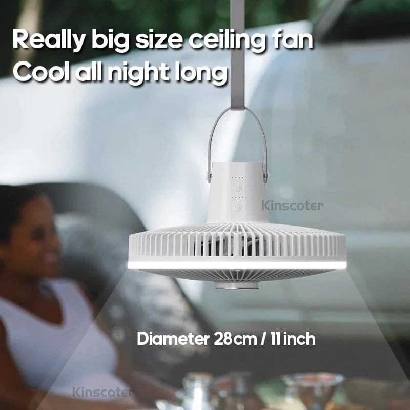 KINSCOTER 10000 mAh Camping-Ventilator für den Außenbereich, großer 11-Zoll-Deckenventilator mit LED-Beleuchtung, multifunktionaler Luftzirkulator-Kühlventilator