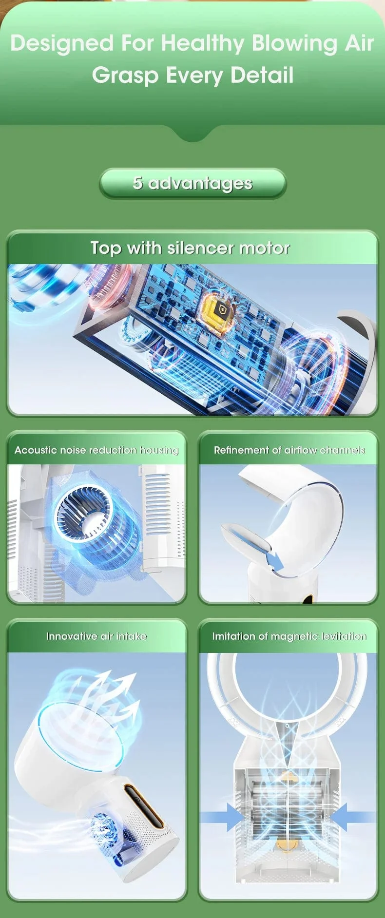 Elektrischer Tischventilator ohne Flügel, Tischventilator, 5-Gang-Turmventilator für Babykühler, Klimaanlage, wiederaufladbarer USB-Kühlventilator