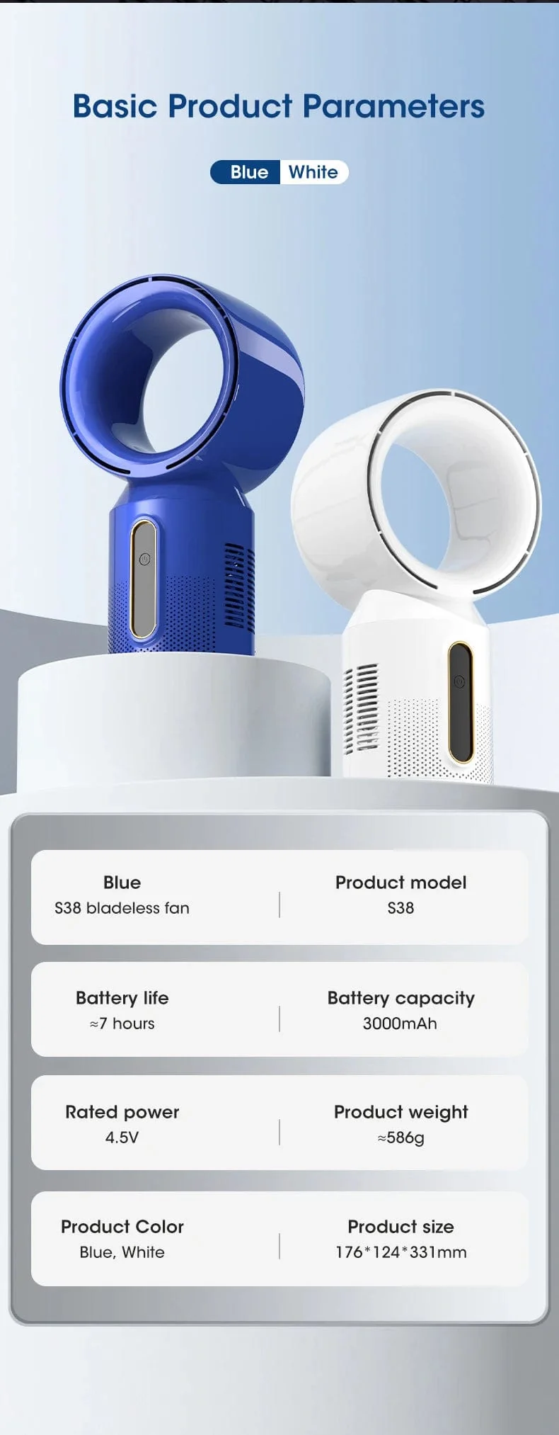 Elektrischer Tischventilator ohne Flügel, Tischventilator, 5-Gang-Turmventilator für Babykühler, Klimaanlage, wiederaufladbarer USB-Kühlventilator