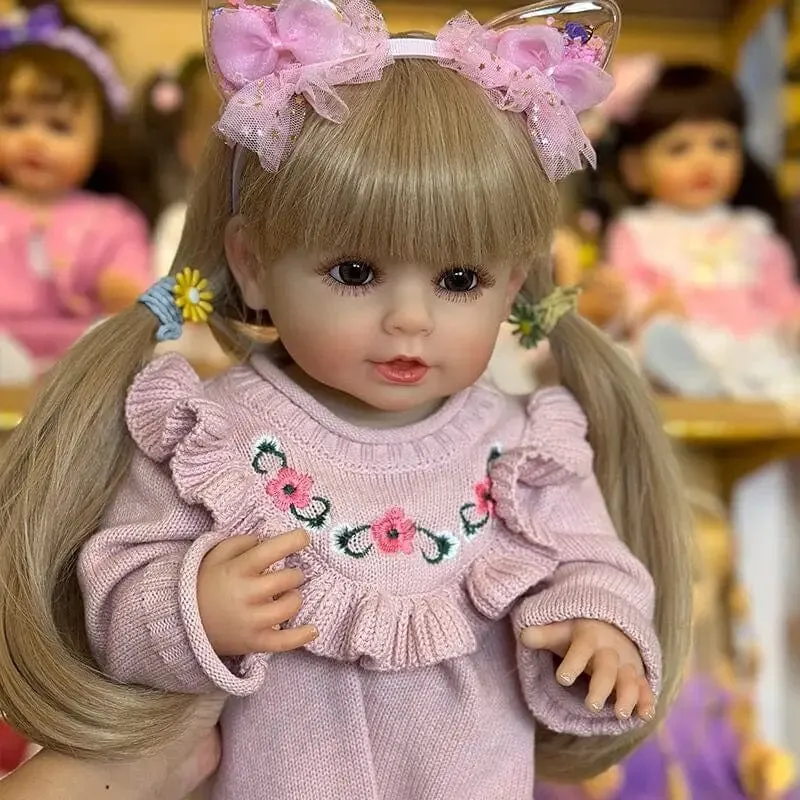 NPK 55 cm Vollsilikon Reborn Smile Babypuppe Kinder für Mädchen Lebensechte blonde Haare Soft Touch Hochwertige Puppe