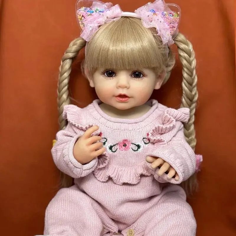 NPK 55 cm Vollsilikon Reborn Smile Babypuppe Kinder für Mädchen Lebensechte blonde Haare Soft Touch Hochwertige Puppe