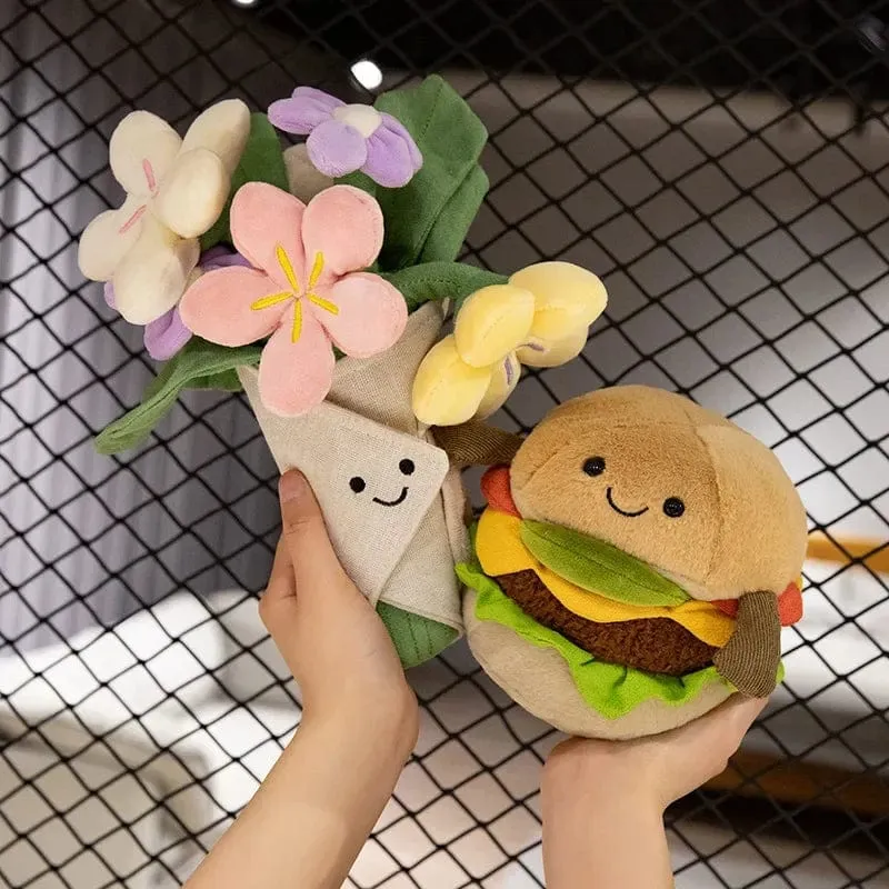 Kawaii Hamburger Plüschtier, weiches Blumenstraußkissen, lustiges Essen/Blumenkissen, süße Burgerpuppe, kreatives Geburtstagsgeschenk