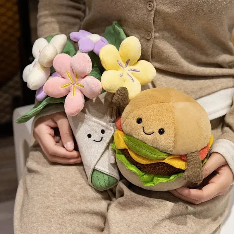 Kawaii Hamburger Plüschtier, weiches Blumenstraußkissen, lustiges Essen/Blumenkissen, süße Burgerpuppe, kreatives Geburtstagsgeschenk