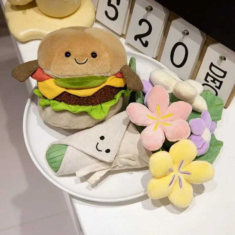 Kawaii Hamburger Plüschtier, weiches Blumenstraußkissen, lustiges Essen/Blumenkissen, süße Burgerpuppe, kreatives Geburtstagsgeschenk