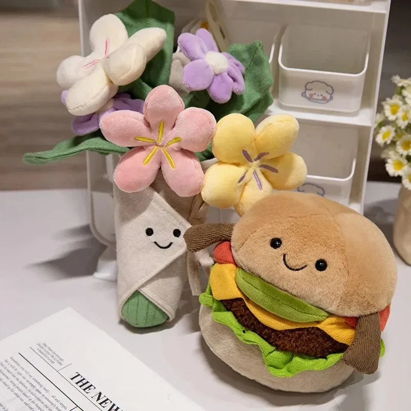 Kawaii Hamburger Plüschtier, weiches Blumenstraußkissen, lustiges Essen/Blumenkissen, süße Burgerpuppe, kreatives Geburtstagsgeschenk