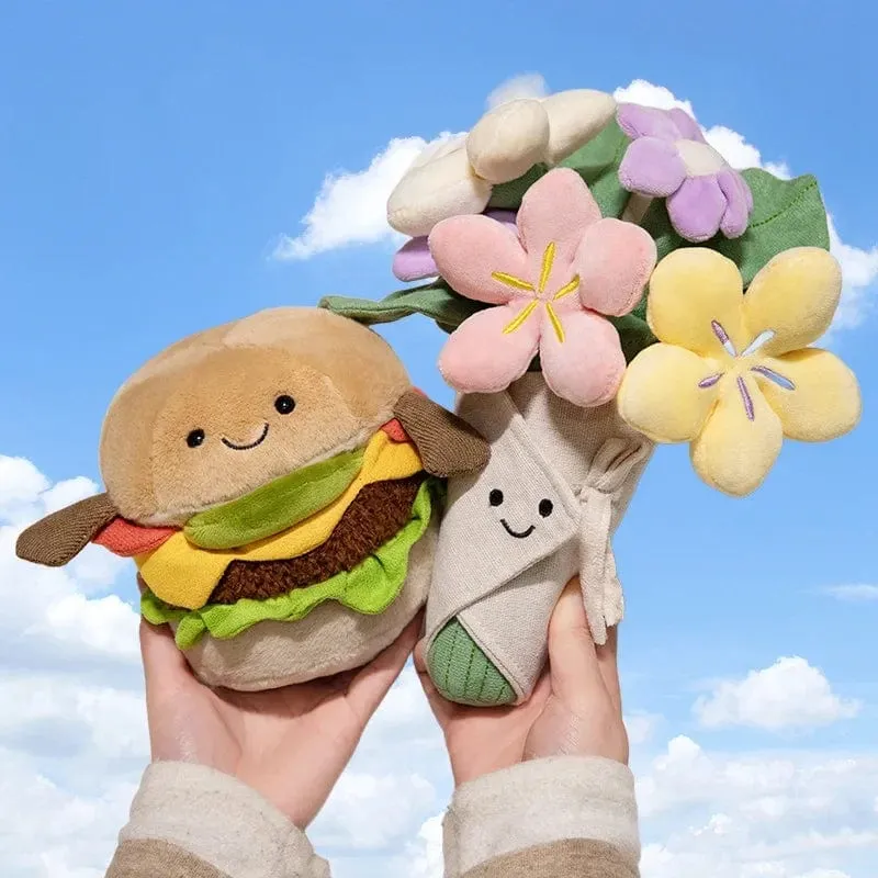 Kawaii Hamburger Plüschtier, weiches Blumenstraußkissen, lustiges Essen/Blumenkissen, süße Burgerpuppe, kreatives Geburtstagsgeschenk