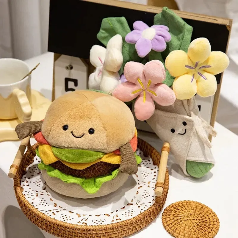 Kawaii Hamburger Plüschtier, weiches Blumenstraußkissen, lustiges Essen/Blumenkissen, süße Burgerpuppe, kreatives Geburtstagsgeschenk