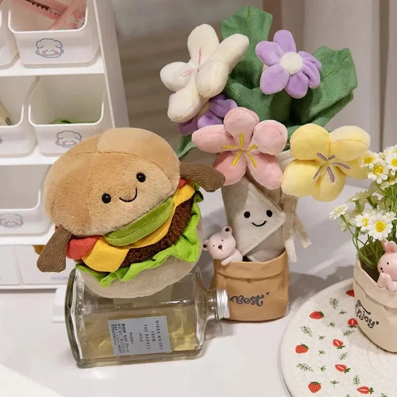 Kawaii Hamburger Plüschtier, weiches Blumenstraußkissen, lustiges Essen/Blumenkissen, süße Burgerpuppe, kreatives Geburtstagsgeschenk