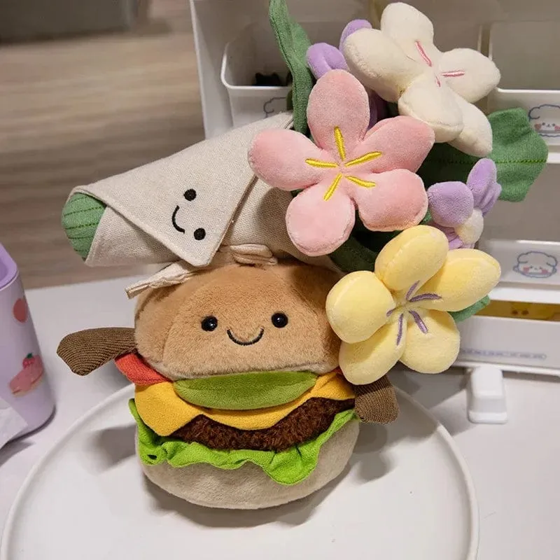 Kawaii Hamburger Plüschtier, weiches Blumenstraußkissen, lustiges Essen/Blumenkissen, süße Burgerpuppe, kreatives Geburtstagsgeschenk