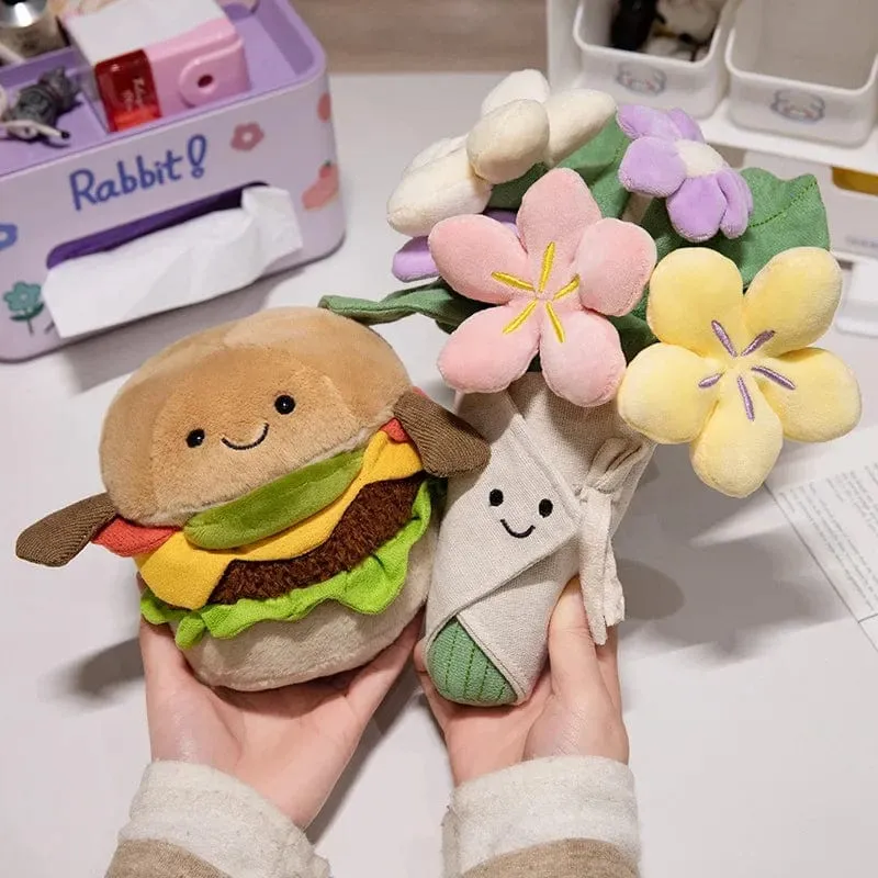 Kawaii Hamburger Plüschtier, weiches Blumenstraußkissen, lustiges Essen/Blumenkissen, süße Burgerpuppe, kreatives Geburtstagsgeschenk