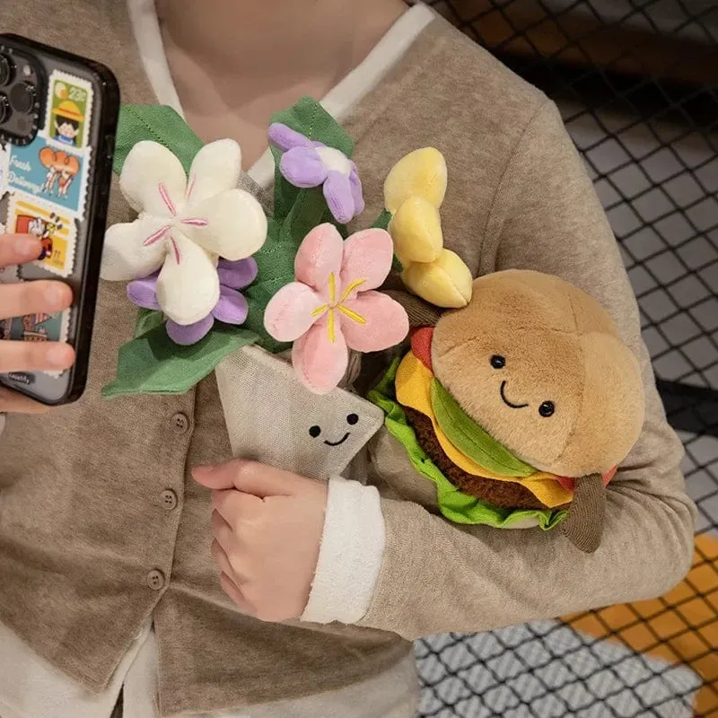 Kawaii Hamburger Plüschtier, weiches Blumenstraußkissen, lustiges Essen/Blumenkissen, süße Burgerpuppe, kreatives Geburtstagsgeschenk