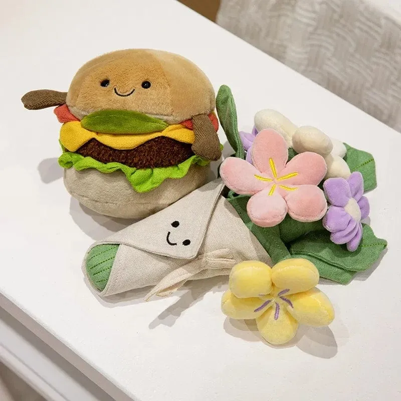 Kawaii Hamburger Plüschtier, weiches Blumenstraußkissen, lustiges Essen/Blumenkissen, süße Burgerpuppe, kreatives Geburtstagsgeschenk