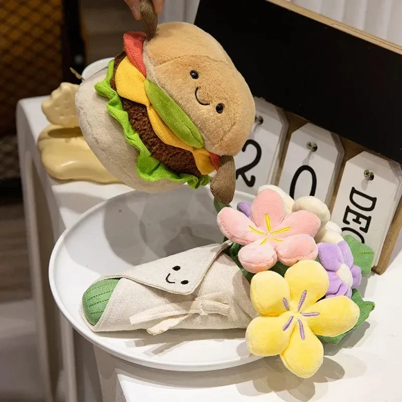 Kawaii Hamburger Plüschtier, weiches Blumenstraußkissen, lustiges Essen/Blumenkissen, süße Burgerpuppe, kreatives Geburtstagsgeschenk