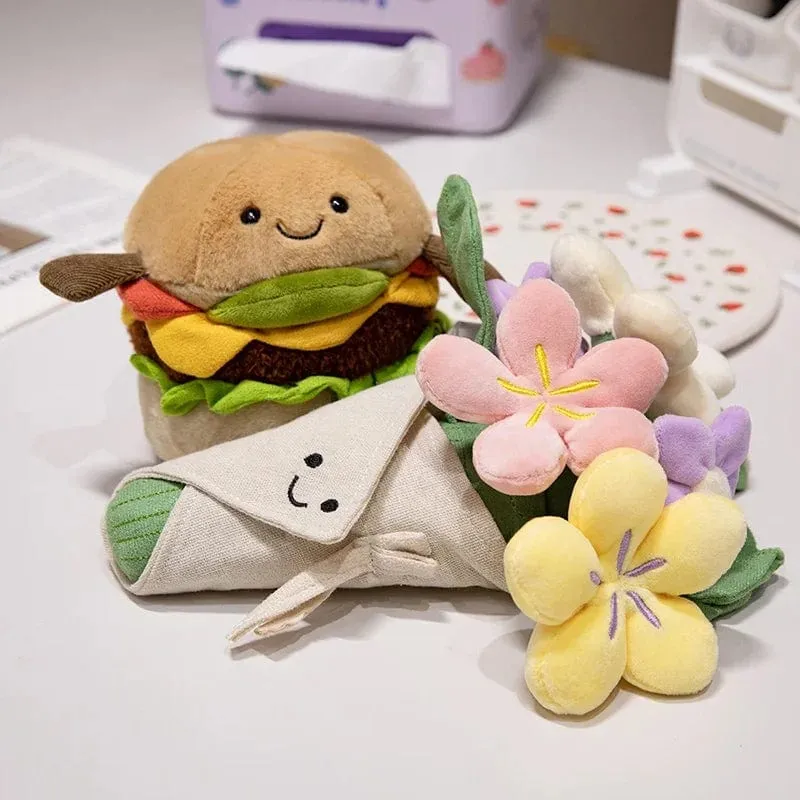 Kawaii Hamburger Plüschtier, weiches Blumenstraußkissen, lustiges Essen/Blumenkissen, süße Burgerpuppe, kreatives Geburtstagsgeschenk
