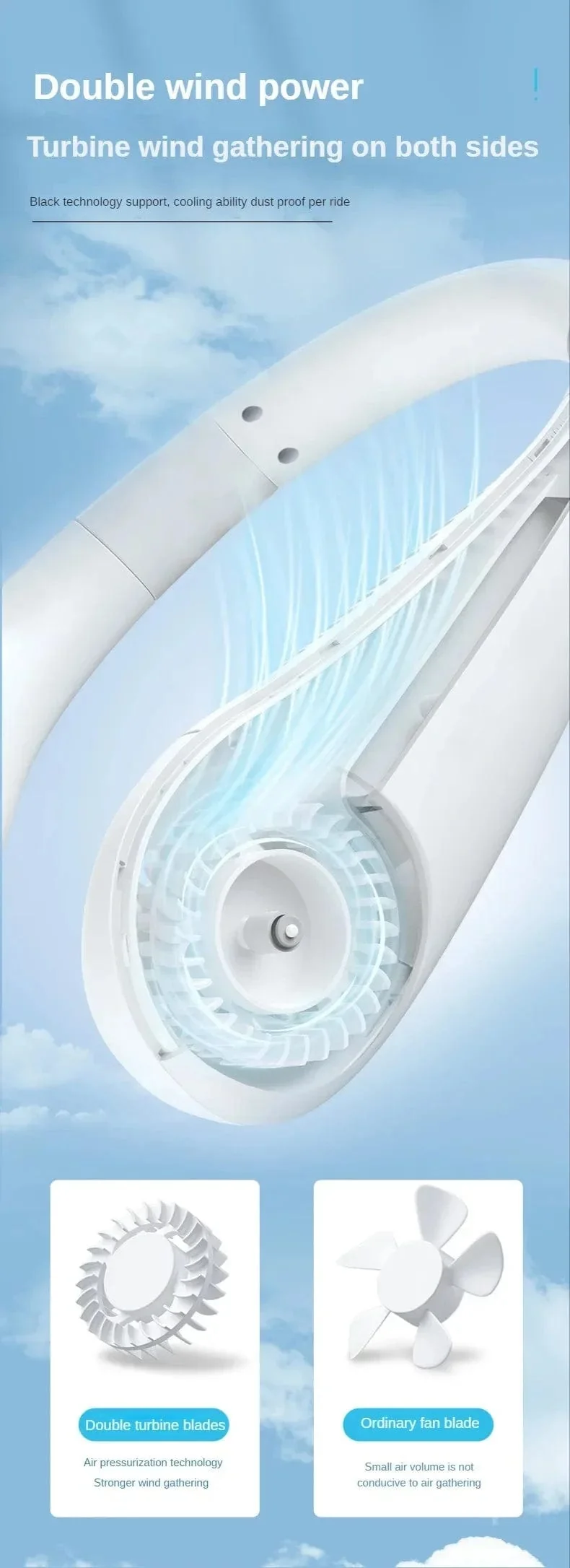 Neuer Mini-Halsventilator, tragbar, flügellos, zum Aufhängen am Hals, wiederaufladbarer 1200-mAh-Luftkühler, 3 Geschwindigkeiten, Mini-Sommersportventilatoren