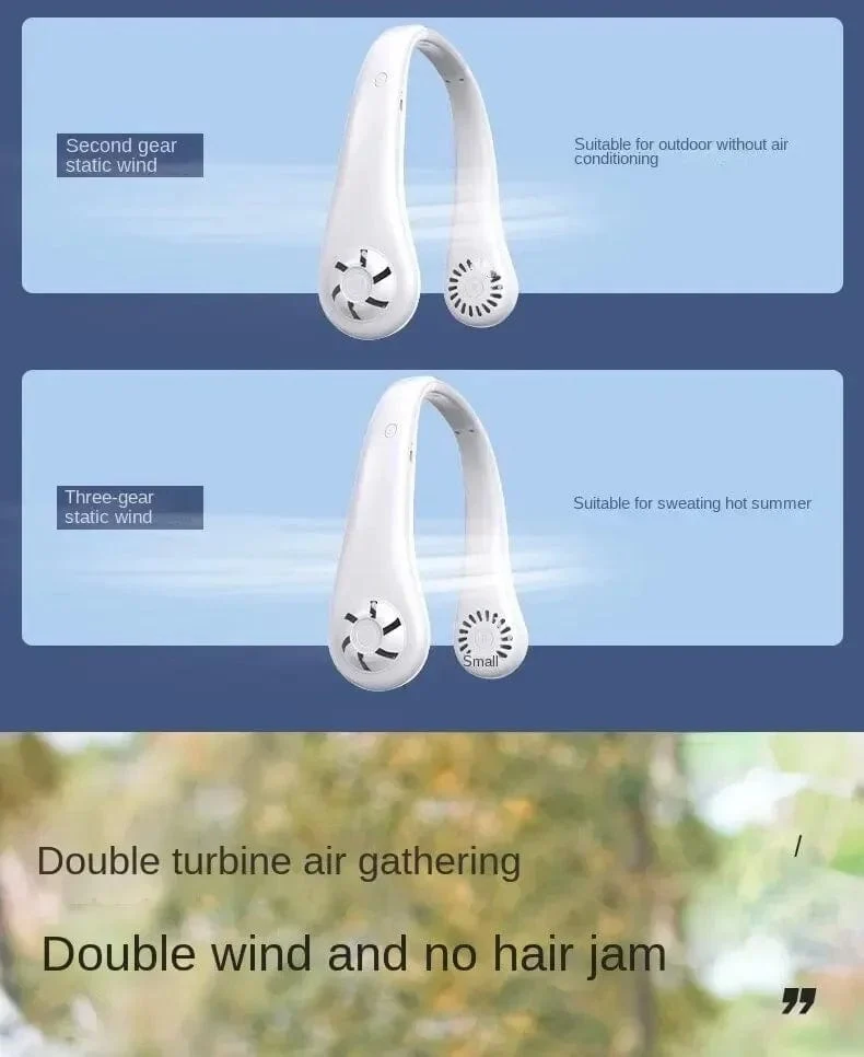 2024 1200 mAh Neuer Mini-Halsventilator Tragbarer, blattloser, wiederaufladbarer Hals-Luftkühler 3-Gang-Mini-Sommersportventilator für den Außenbereich