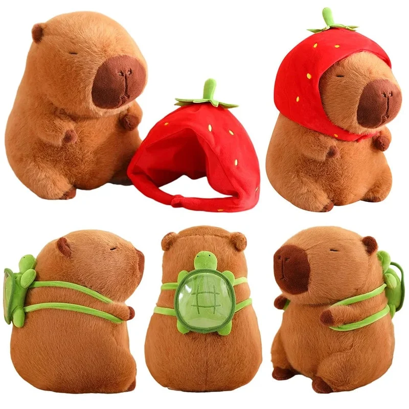 Süßes Capybara-Plüschtier, Kawaii, flauschiges Capybara mit Schildkrötentasche, Erdbeerkappe, Kuscheltiere, Kindergeschenk, Heimdekoration