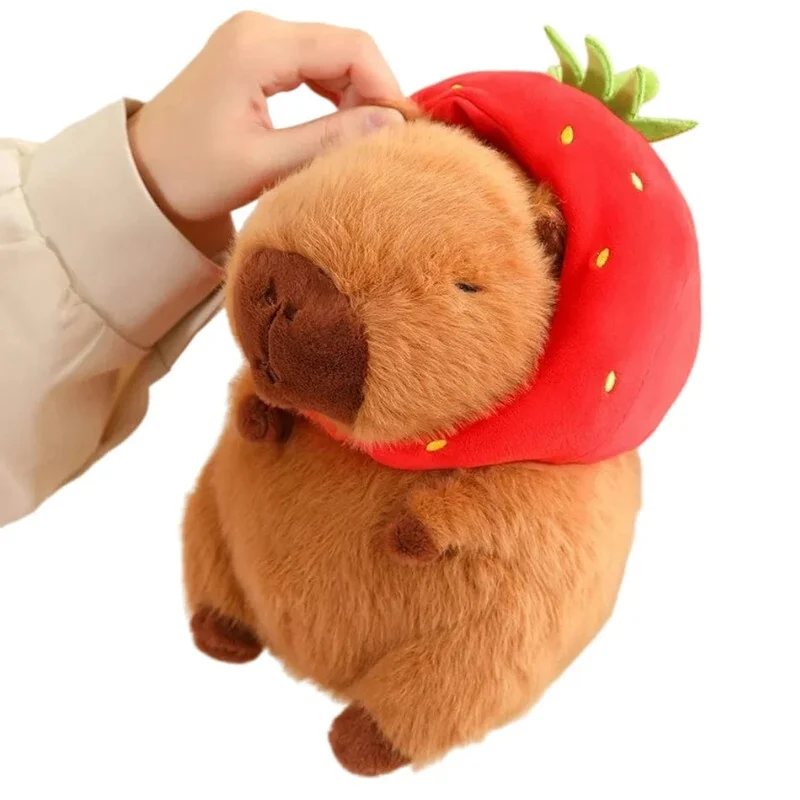 Süßes Capybara-Plüschtier, Kawaii, flauschiges Capybara mit Schildkrötentasche, Erdbeerkappe, Kuscheltiere, Kindergeschenk, Heimdekoration