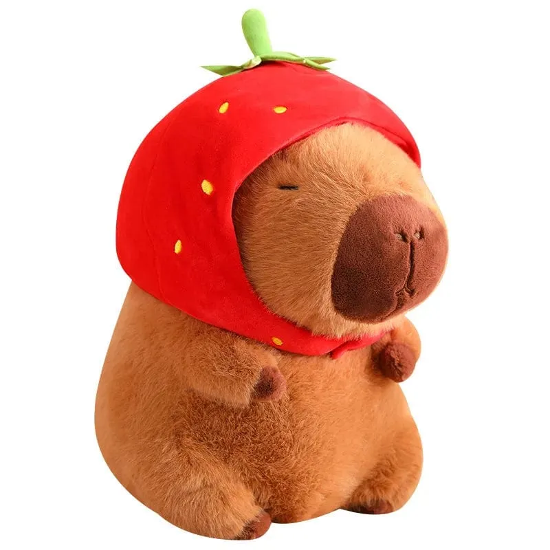Süßes Capybara-Plüschtier, Kawaii, flauschiges Capybara mit Schildkrötentasche, Erdbeerkappe, Kuscheltiere, Kindergeschenk, Heimdekoration