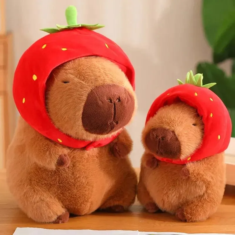 Süßes Capybara-Plüschtier, Kawaii, flauschiges Capybara mit Schildkrötentasche, Erdbeerkappe, Kuscheltiere, Kindergeschenk, Heimdekoration
