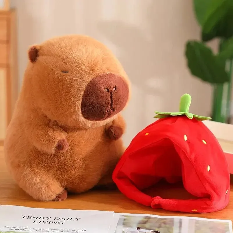 Süßes Capybara-Plüschtier, Kawaii, flauschiges Capybara mit Schildkrötentasche, Erdbeerkappe, Kuscheltiere, Kindergeschenk, Heimdekoration