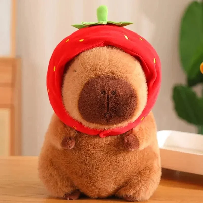 Süßes Capybara-Plüschtier, Kawaii, flauschiges Capybara mit Schildkrötentasche, Erdbeerkappe, Kuscheltiere, Kindergeschenk, Heimdekoration