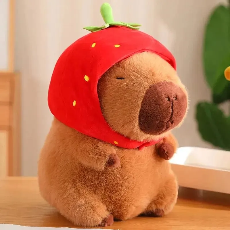 Süßes Capybara-Plüschtier, Kawaii, flauschiges Capybara mit Schildkrötentasche, Erdbeerkappe, Kuscheltiere, Kindergeschenk, Heimdekoration
