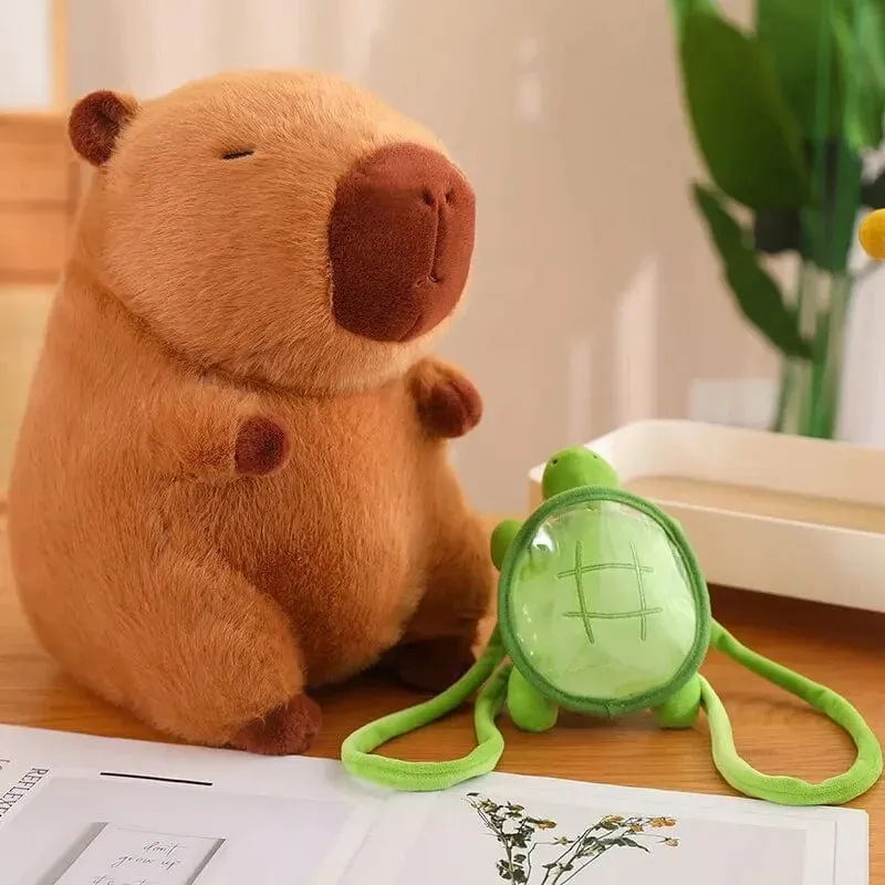 Süßes Capybara-Plüschtier, Kawaii, flauschiges Capybara mit Schildkrötentasche, Erdbeerkappe, Kuscheltiere, Kindergeschenk, Heimdekoration