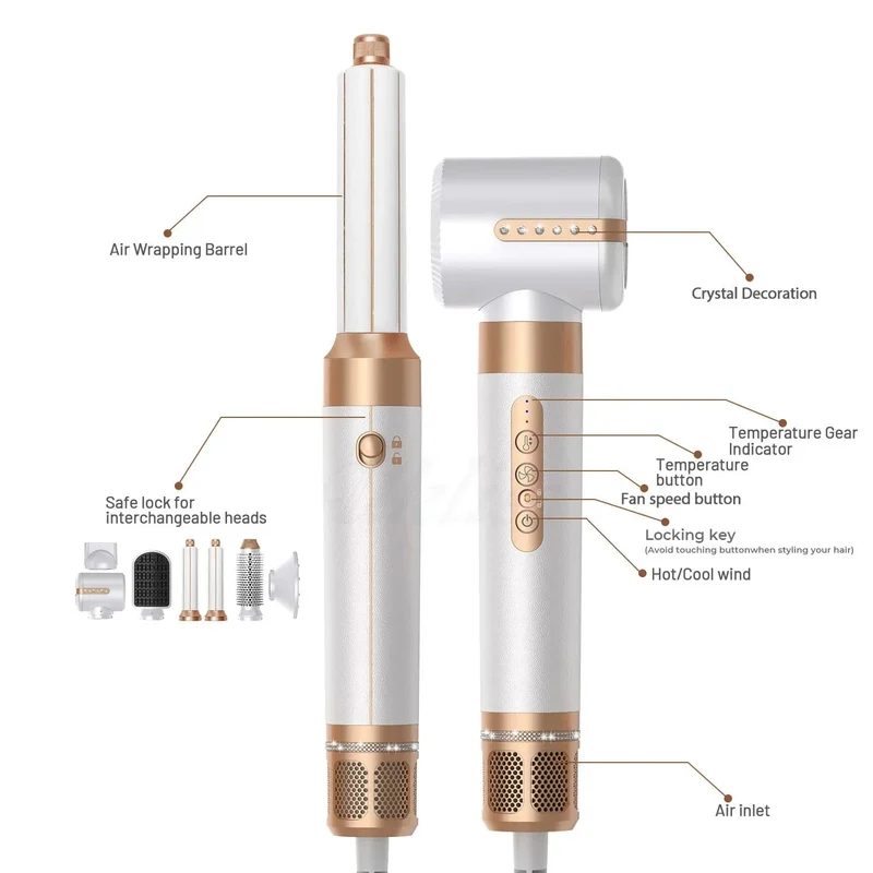 Professioneller Haartrockner, 7-in-1-Hochgeschwindigkeits-Haartrockner, Haarglätter, elektrischer Lockenwickler, multifunktionales Styling-Werkzeugset