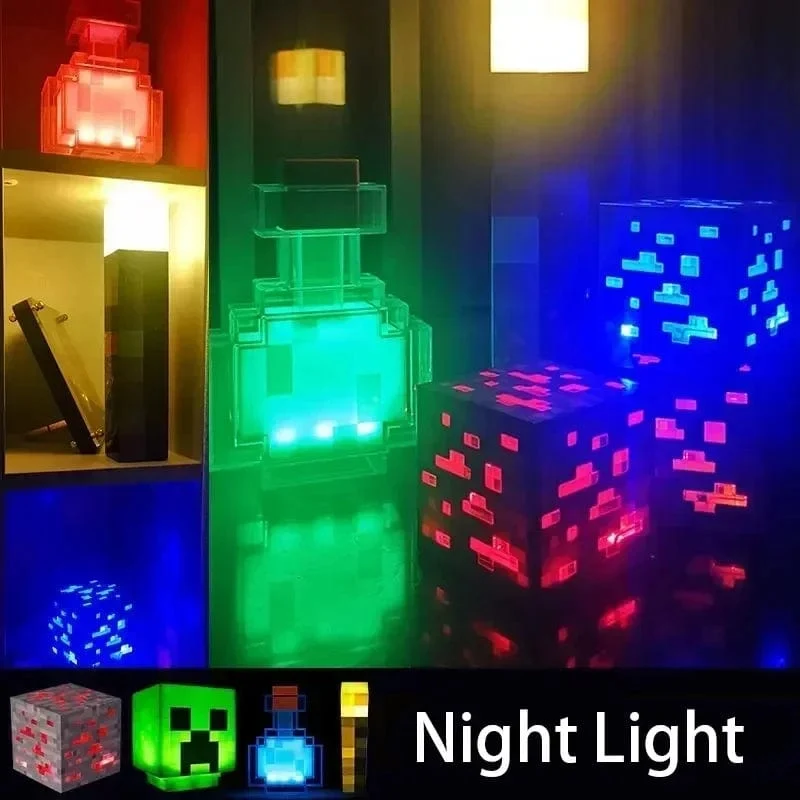 Minecraft Brownstone Taschenlampen-Figur, 4 Farben, Schlafzimmer-Dekorationslicht, LED-Nachtlicht, USB-Aufladung mit Schnalle, Kinderspielzeug, Geschenk