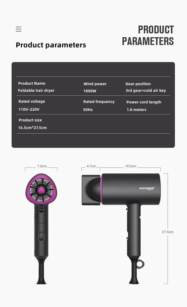 Heißer Verkauf Professioneller Haartrockner Negative Ionen Hochleistungs-Blaulicht Faltbarer elektrischer Haartrockner Salon Haarwerkzeuge Home