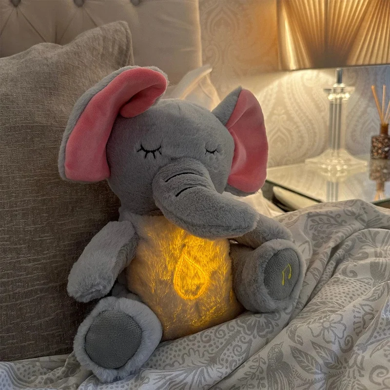 4 Modi Baby Atmen Beruhigendes Elefanten-Plüschpuppenspielzeug Schlafbegleiter Musik- und Lichtpuppe Sensorisches Stofftier Kindergeschenk
