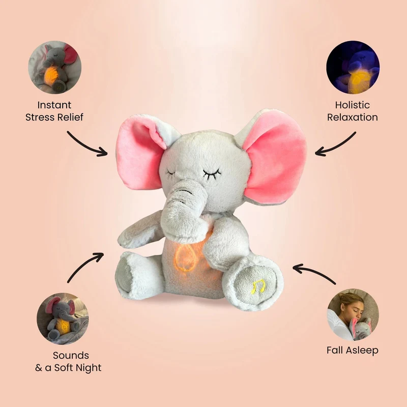 4 Modi Baby Atmen Beruhigendes Elefanten-Plüschpuppenspielzeug Schlafbegleiter Musik- und Lichtpuppe Sensorisches Stofftier Kindergeschenk