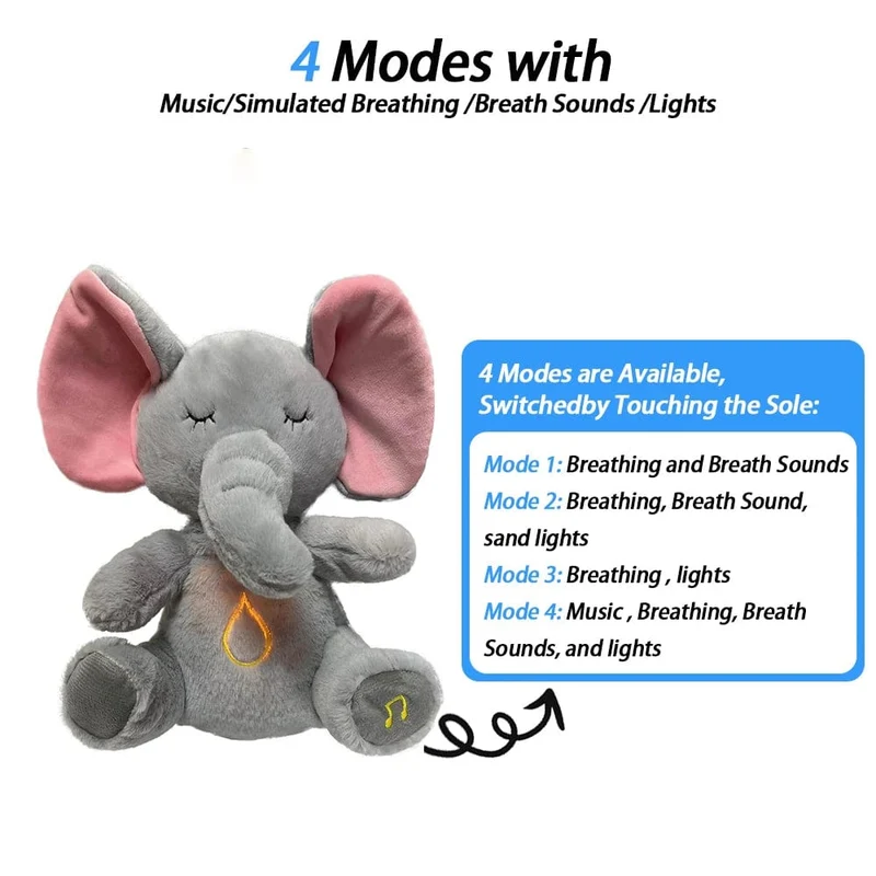 4 Modi Baby Atmen Beruhigendes Elefanten-Plüschpuppenspielzeug Schlafbegleiter Musik- und Lichtpuppe Sensorisches Stofftier Kindergeschenk