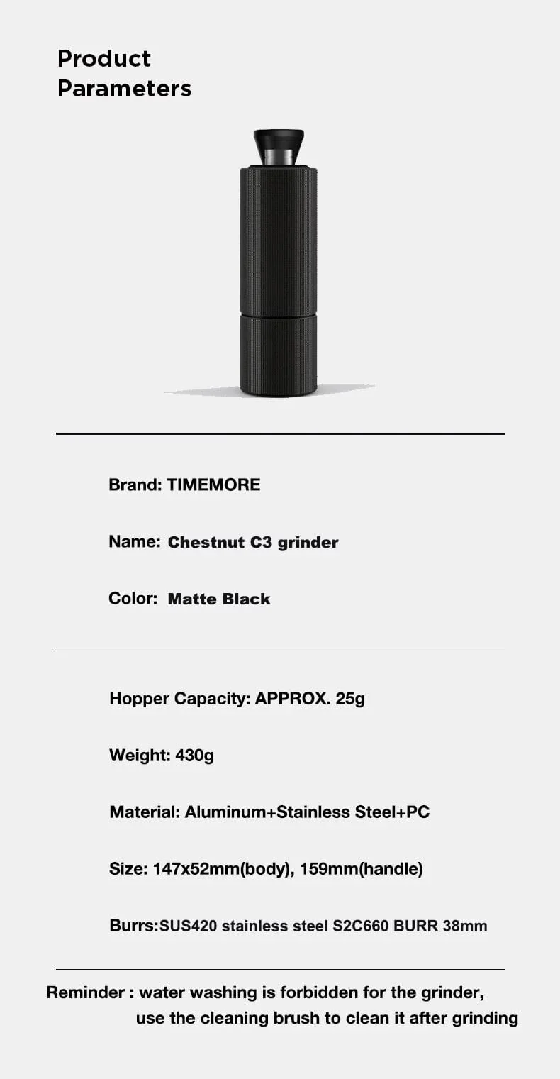 TIMEMORE Chestnut C3 Manuelle Kaffeemühle S2C Grat im Inneren Tragbare Handkaffeemühle mit doppelter Lagerpositionierung