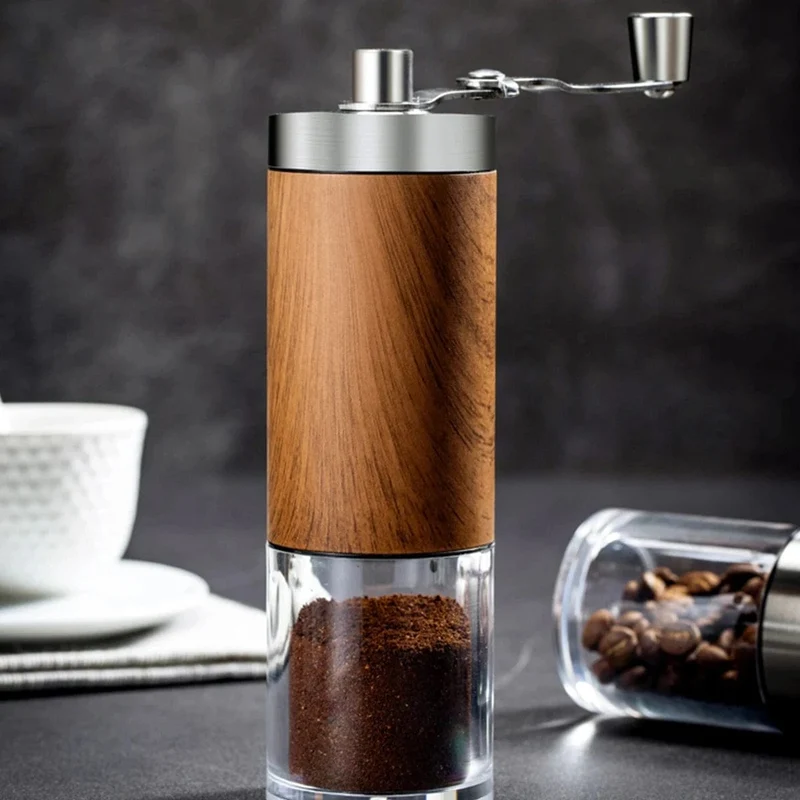 Kaffeemühle, tragbare Holzmaserung, Edelstahl, Kurbel, Hand, Handkaffeemühle, Küchenwerkzeug, Mühle