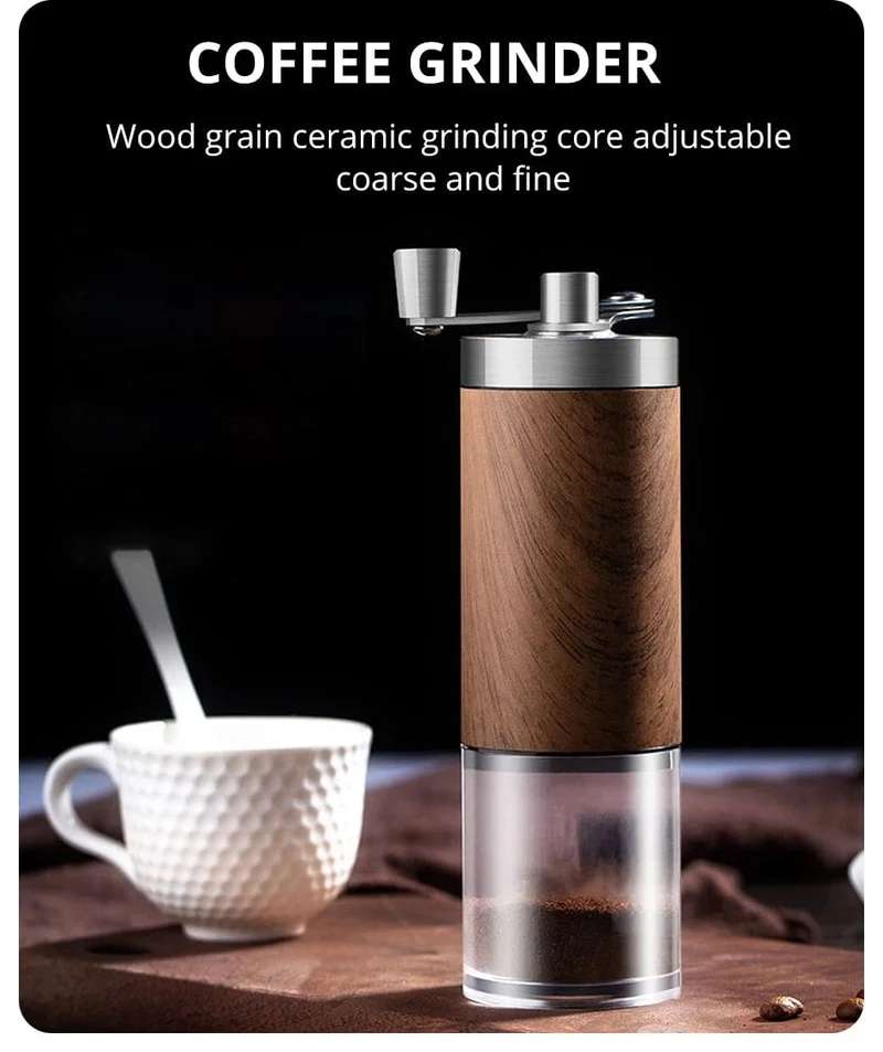 Kaffeemühle, tragbare Holzmaserung, Edelstahl, Kurbel, Hand, Handkaffeemühle, Küchenwerkzeug, Mühle