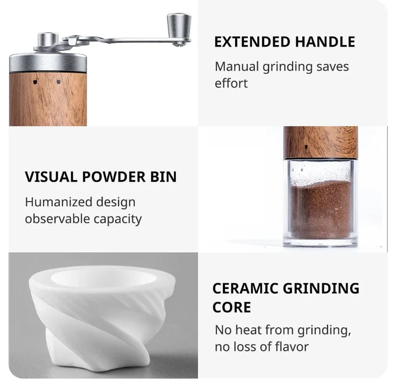 Kaffeemühle, tragbare Holzmaserung, Edelstahl, Kurbel, Hand, Handkaffeemühle, Küchenwerkzeug, Mühle
