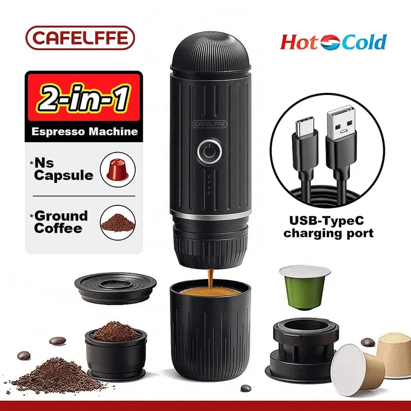 Cafelffe Tragbare Kaffeemaschine, kabellose elektrische Espressomaschine, passend für NES-Kapseln und Kaffeepulver, Geschenk für den Partner, Papa, Wandercamp