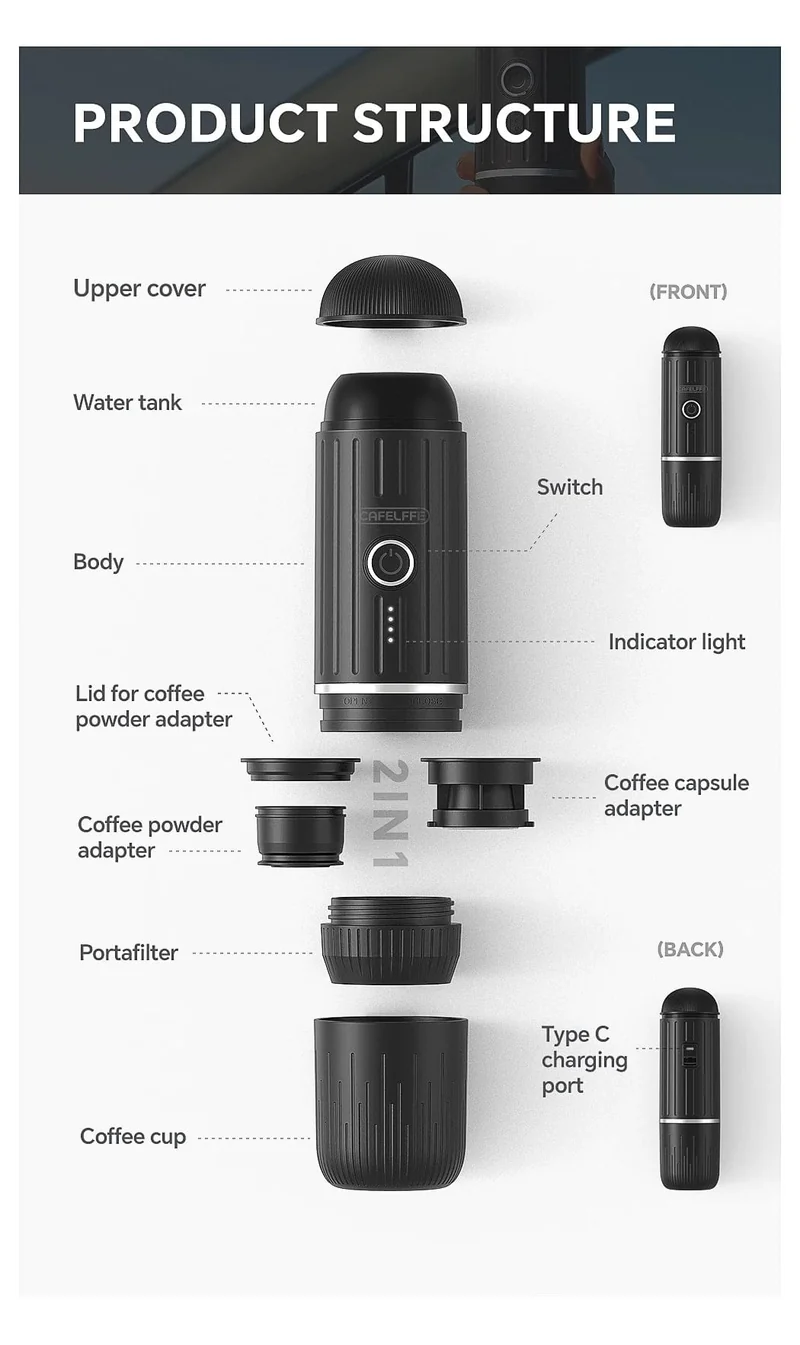 Cafelffe Tragbare Kaffeemaschine, kabellose elektrische Espressomaschine, passend für NES-Kapseln und Kaffeepulver, Geschenk für den Partner, Papa, Wandercamp